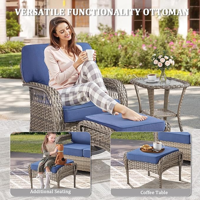 8 Pieces Patio Furniture Set Outdoor Sectional Sofa Couch with Rocking Swivel Chairs 5" Deep Seat Chairs, Modern Wicker Rattan Conversation Set, Blue/Gray Wicker