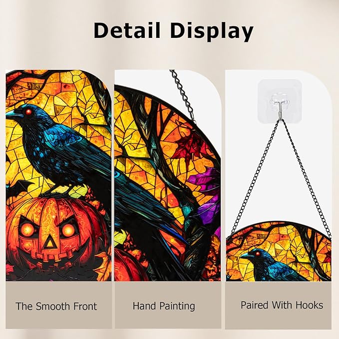 Stained Glass Window Hanging, Halloween Decorations Evil Crow Pumpkin Maple Leaf Suncatcher for Doors Garden Indoor Funny Spooky Sun Catchers Gothic Decor for Women, Men, and Mom 8 in