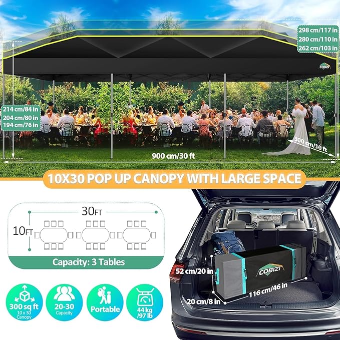 COBIZI 10x30 Pop Up Canopy with Air Vent Ez Pop Up Party 10x30 Canopies Tent Waterproof and UPF50+,Outdoor Canopy Tent for Parties Wedding Events,with Roller Bag, Sandbags, Black
