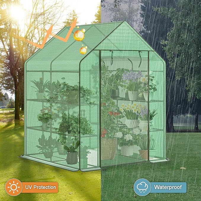 Greenhouse, 56 x 56 x 76'' Heavy Duty Greenhouses for Outdoors, Green House with Roll-Up Door Thicken PE Cover, Portable Walk-in Green Houses for Outside with 3 Tier 8 Shelves