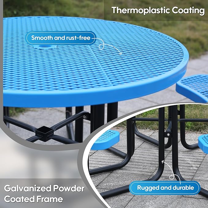 8-Person Picnic Tables for Outdoors, Industrial 46" Expanded Metal Round Picnic Table with 4 Benches & Umbrella Hole, Outside Table and Bench Set for Park, Garden, Backyard, Patio, Blue
