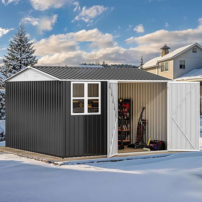 DWVO 10x10ft Large Tool Storage Shed with Window, Lockable Doors, and Sloped Roof, Oversized Steel Outdoor Storage Shed for Garden, Patio, Garage, Backyard, Lawn(Gray + White)