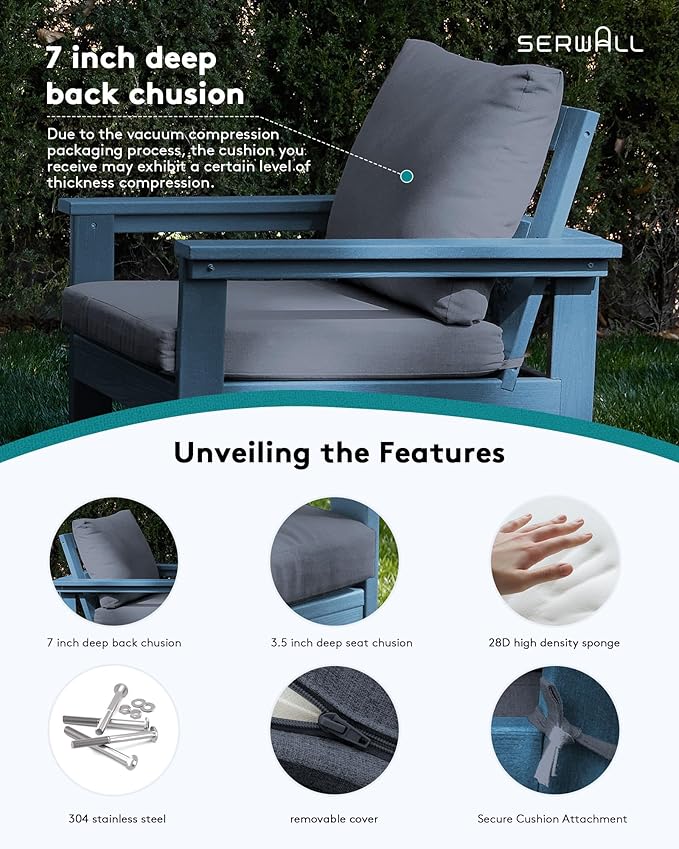 SERWALL HDPE Patio Furniture Set, 7-Piece Outdoor Sectional Sofa Set, All Weather Outdoor Couch Set for Deck, Lawn, Blue Frame with Grey Cushion
