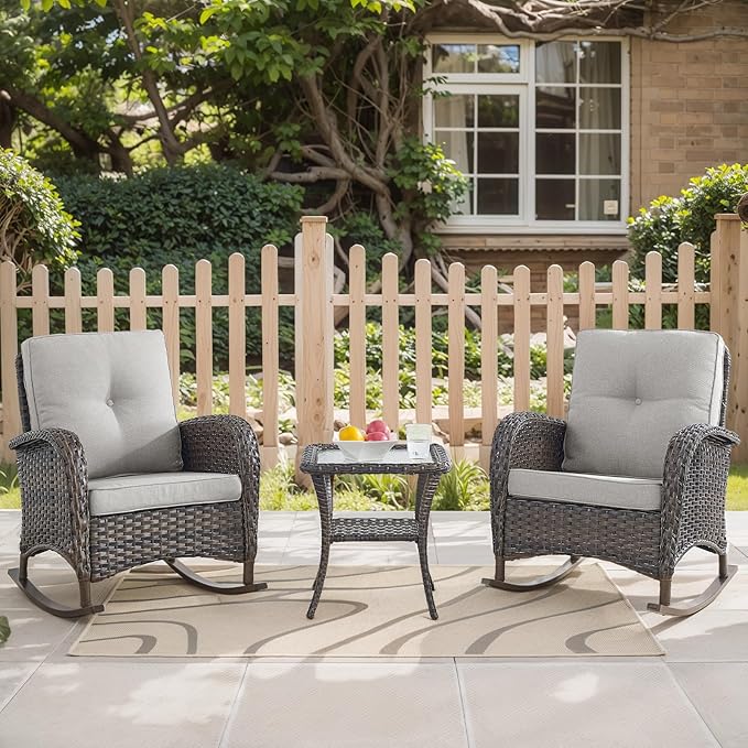 HUMMUH 3-Piece Outdoor Rocking Chairs,All-Weather PE Wicker Patio Rocker Chairs Bistro Set with Side Table,Porch Balcony Furniture with Cushions