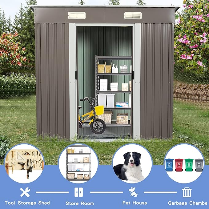 6X4 FT Outdoor Storage Shed, Waterproof Metal Garden Sheds with Lockable Door, Steel Tool Storage Buildings Shed & Outdoor Storage House for Garden, Backyard, Patio, Lawn, Trash Cans(Brown)
