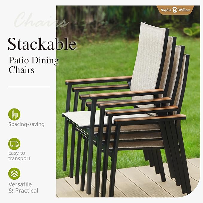 Sophia & William Patio Sets 5 Pieces, Lightweight Aluminum Dining Chairs with 42" Round Metal Dining Table, Stackable and Easy to Move for Lawn Garden Yard Porch (Beige)