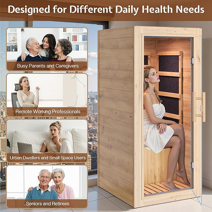 Jocisland 1 Person Infrared Sauna – 746W/110V Red Light, Pre-Warms to 149℉ in 15 Minutes, 106lbs Lightweight Spruce Wood Infrared saunas, Compact Dry Sauna for Home Spa & Apartments