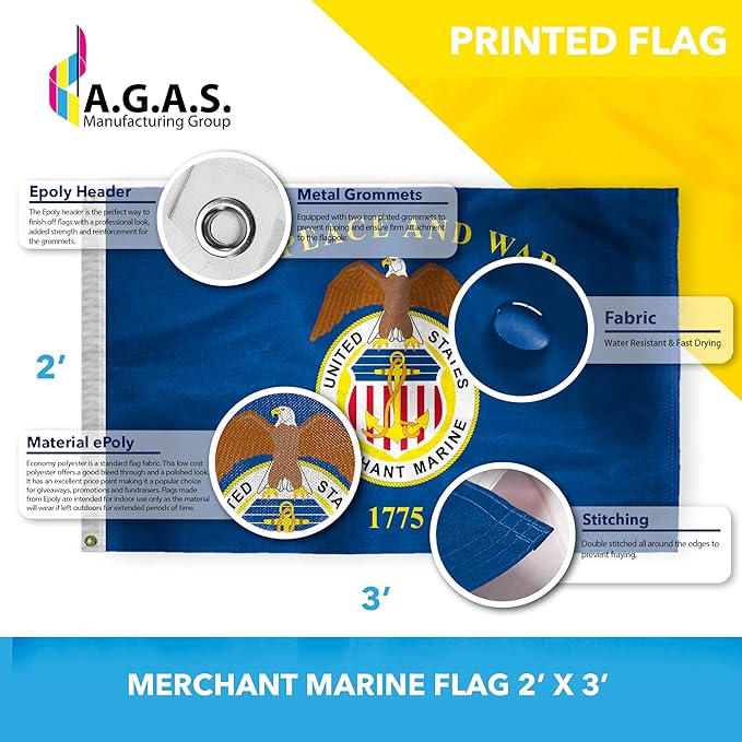 AGAS United States Merchant Marines Flag 2x3 Ft - Printed Durable Polyester US Merchant Marines Garden Flag