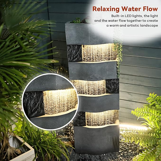 40.5''H Garden Water Fountain Outdoor,4 Tiers Floor Standing Waterfall Outdoor Fountains with LED Lights for Garden, Patio, Backyard, Deck, Porch and Home Art Decor