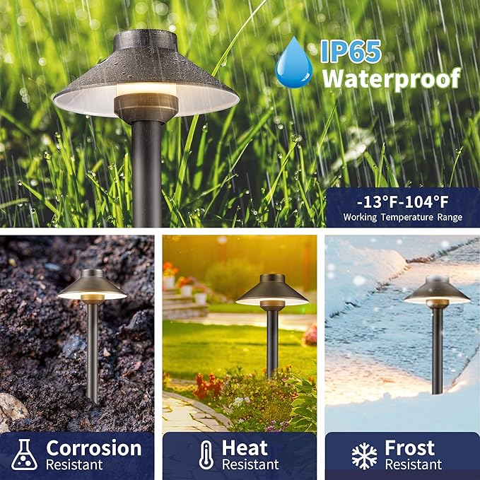 Gardenreet Brass Low Voltage Path Lights - 12V LED Landscaping Pathway Lamp IP65 Waterproof, Wired Walkway Lighting Outdoor, Bronze for Lawn Backyard with 3W 4000K Neutral White G4 Bulb (8 Pack)