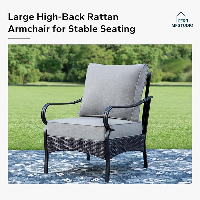 MFSTUDIO 4 Pieces Outdoor Patio Furniture Set, Metal Outdoor Conversation Set, Rattan Wicker Patio Sectional Set with 2 x Fixed Single Sofa, 3-Seat Sofa, 1 x Fire Pit Table, Grey
