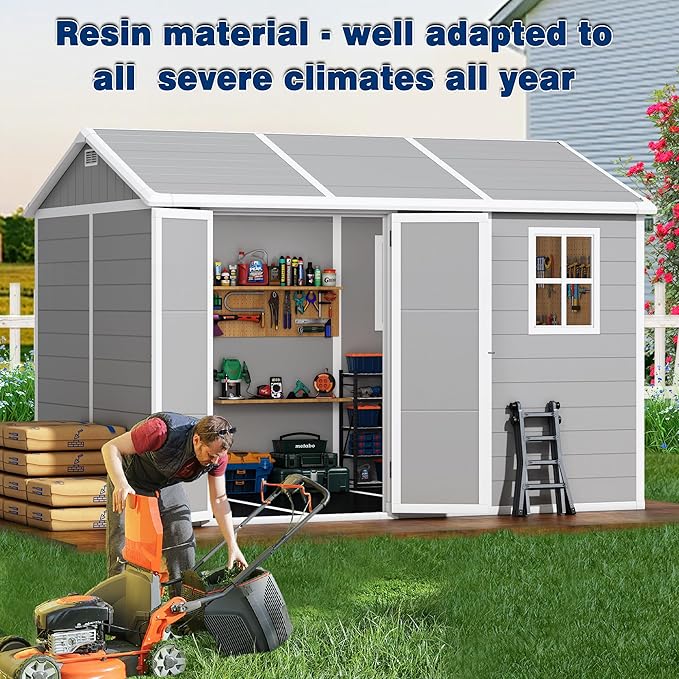 10x8 FT Resin Outdoor Storage Shed with Floor, Weather-Resistant Plastic Garden Shed with Windows, Lockable Door and Vents, Outside Tool Storage Sheds for Backyard, Garden, Lawn, Grey