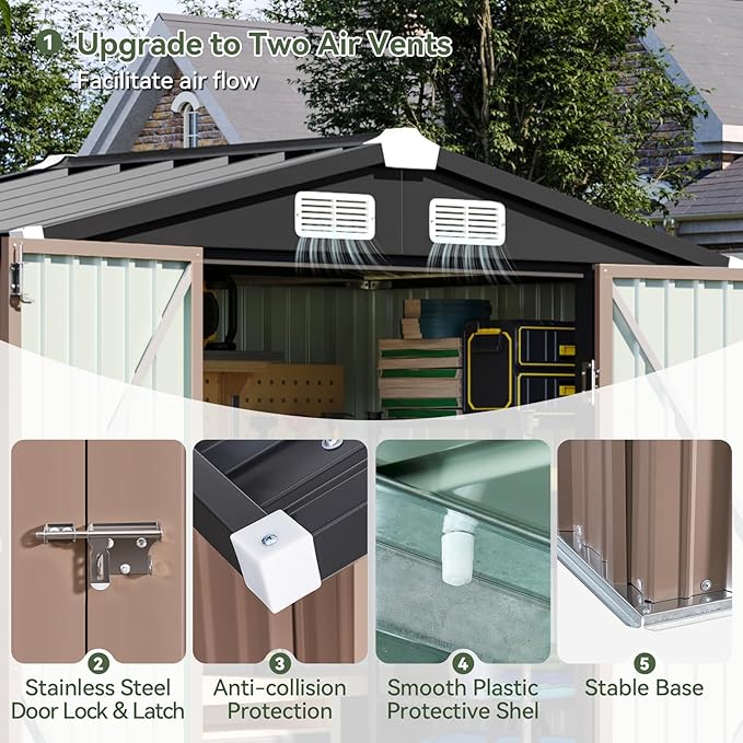 Aoxun 6x3.9 FT Shed with Base Metal Outdoor Storage Shed Garden Shed with Lockable Doors Tool Shed Bike Shed for Backyard, Patio, Poolside (Brown)