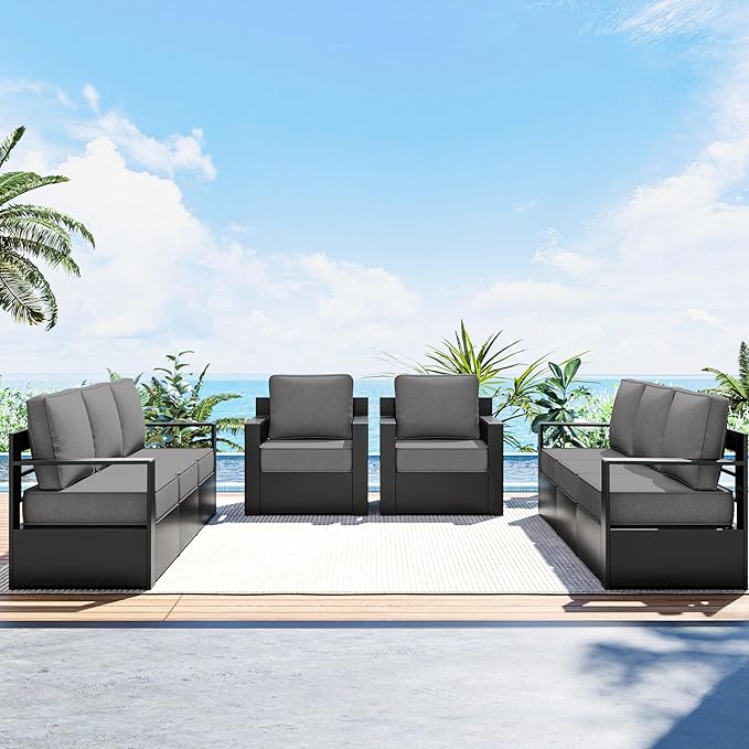 Outdoor Patio Furniture Set, 4-Piece Aluminum Patio Conversation Set All-Weather Metal Outdoor Sectional with 6 Inch Thick Cushions, Deep Setting for Garden, Outside and Porch