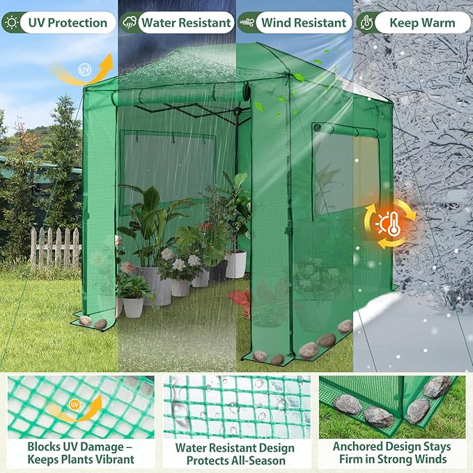 EAGLE PEAK Instant Pop-up Greenhouse, Indoor Outdoor Plant Gardening Green House, Roll-Up Zipper Doors and Side Windows, Walk in 8x6 ft, PE Cover, Green/Clear