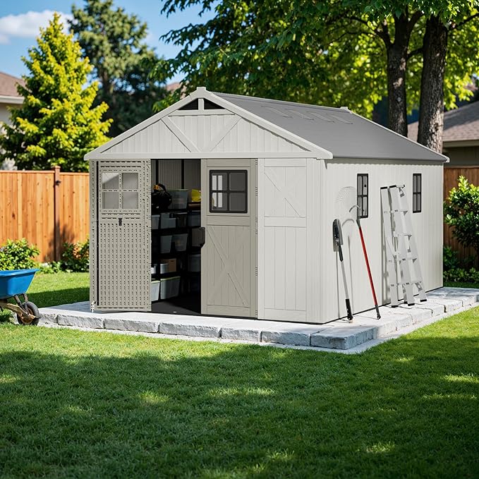 Devoko 10 x 14 FT Resin Outdoor Storage Shed, Extra Large Plastic Shed with Skylight, Floor and Lockable Door, Storage Bike, Tools, Lawn Mower for Garden, Backyard, Patio, Beige