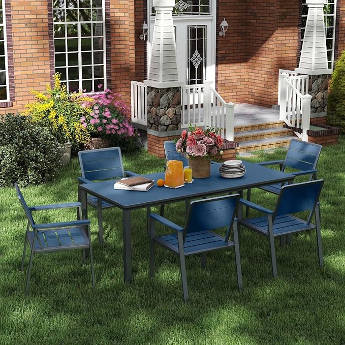7-Piece Patio Dining Set with 11 FT Curvy Cantilever Umbrella, HDPE Tabletop & Aluminum Frame All-Weather Outdoor Furniture for Garden, Backyard, Poolside, Navy