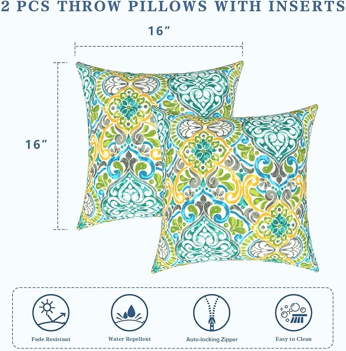 LVTXIII Outdoor Throw Pillows, Decorative Throw Pillows with Inserts, 16"x16" Square Pillows for Bed, Couch, Sofa and Patio Furniture, Set of 2, Damask Green