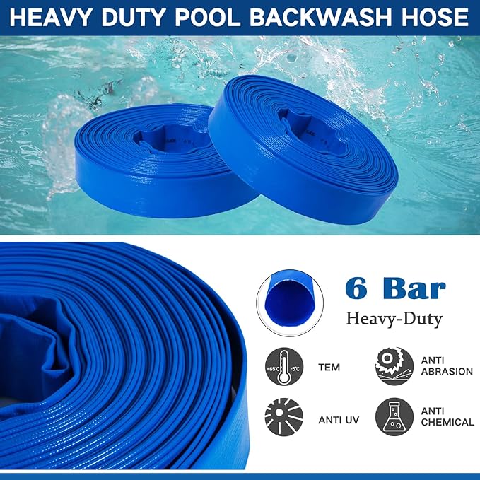 Eastrans 1 1/2 in x 100 ft Pool Backwash Hose Kit with Male NPT Adapter,Heavy Duty Discharge Pump Hose for Swimming Pool,Reinforced Pool Drain Hose with 2 Clamps and Thread Seal Tape,6 Bar