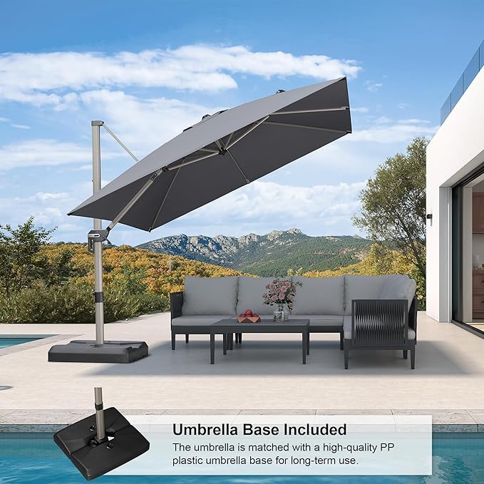 PURPLE LEAF 10FT Patio Umbrella with Base Cantilever Umbrella Square Outdoor Offset Umbrella with Champagne Frame and 360° Rotation for Garden Deck Pool, Light Grey