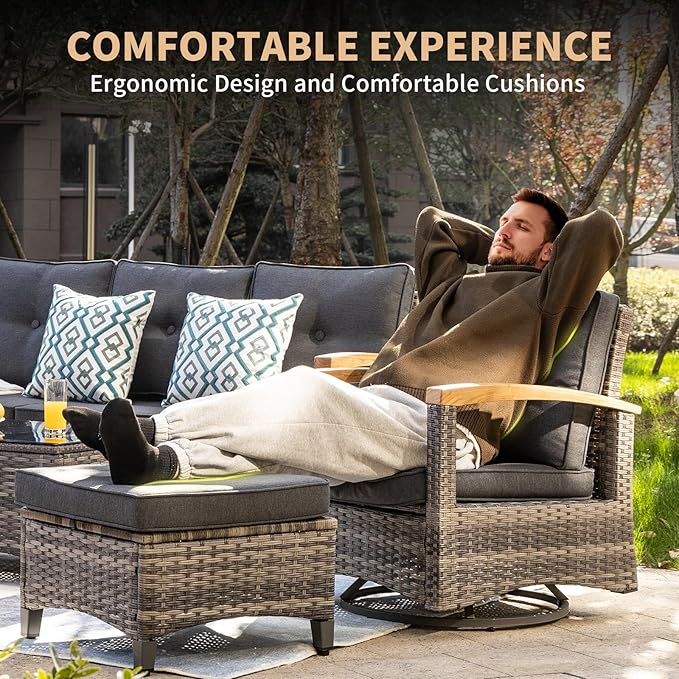 MEISSALIVVE 7 Pieces Patio Furniture Sets,PE Wicker Outdoor Conversation Sets with 2 Wood Armrests Swivel Rocker Chairs, 2 Ottoman, 2-seat Sofa and Coffee Table(Grey)
