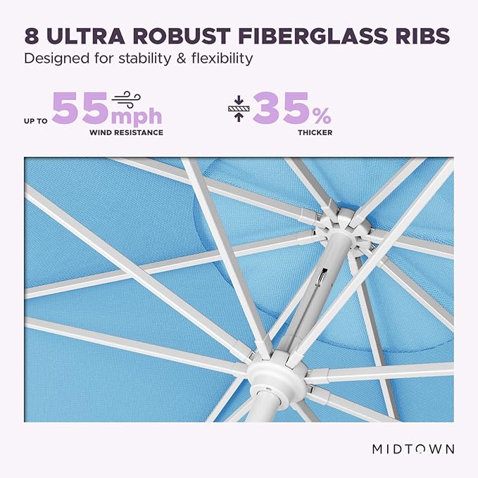 Midtown Umbrellas The Swilt 10 Feet Patio Umbrella in Sunbrella Capri Acrylic Fabric - Fiberglass Ribs, Auto-Tilt Aluminum Frame For Backyard, Deck, Garden, Pool - White Pole