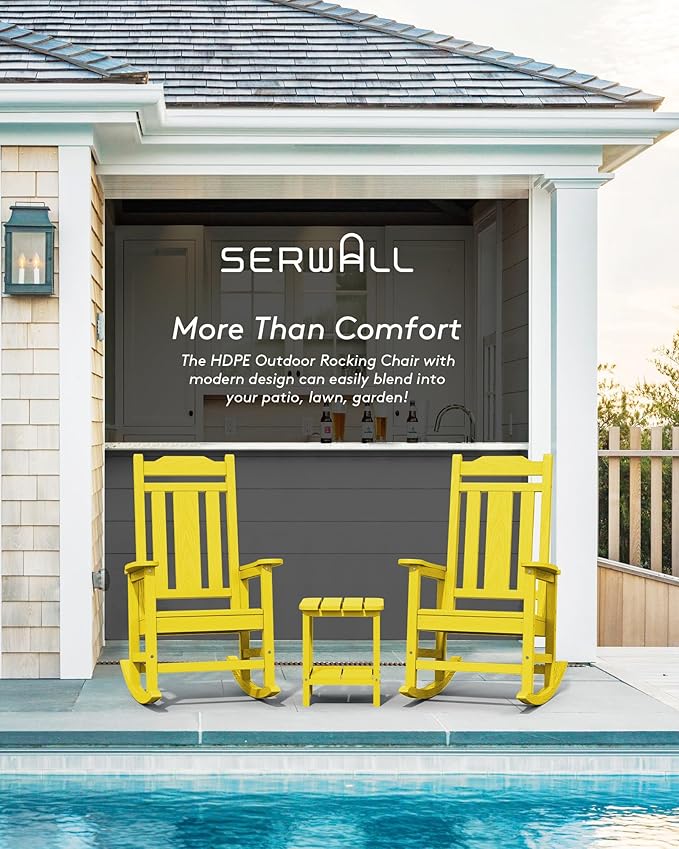 SERWALL Outdoor Rocking Chair Set of 4, Patio Rocking Chairs Set, HDPE Rocking Chair Outdoor for Adults, Heavy Duty Front Porch Rocker, Yellow