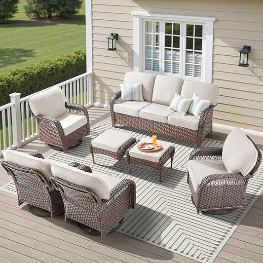 7 Pieces Patio Furniture Set Outdoor Sectional Sofa Couch with Rocking Swivel Chairs 5" Deep Seat Chairs, Modern Wicker Rattan Conversation Set, Beige/Brown Wicker