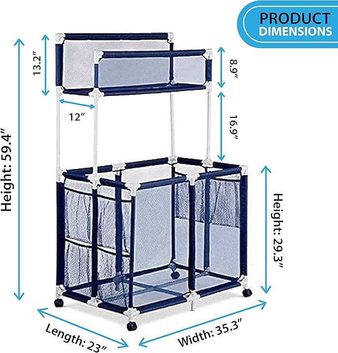Essentially Yours Pool Storage Equipment Organizer Holder - Noodles, Toys, Balls, Floats Mesh Rolling Double Decker Bin, Large with Noodle Holder, (35.3" W x 23" L x 59.4" H), Blue/White Style 561935