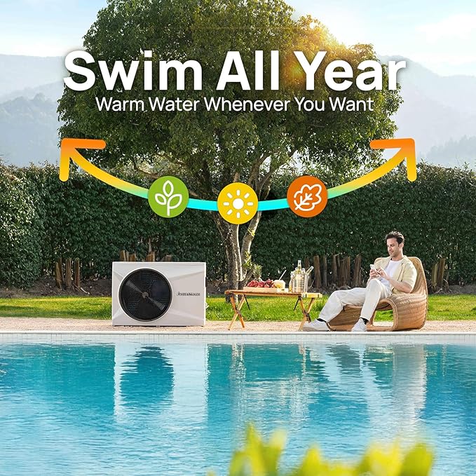 Aquastrong Inverter Swimming Pool Heat Pump, 35,000 BTU 9,000 Gallons Electric Pool Heater for Above Ground and Inground Pool, WiFi Capable Timer, Heating and Cooling Pool Heater 120V