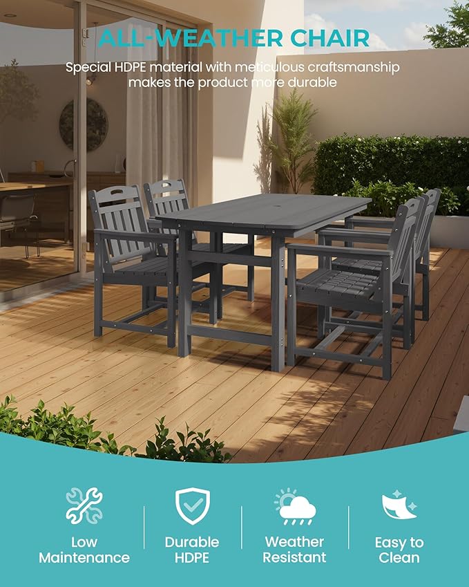 HDPE Outdoor Patio Dining Set with Table & 4 Chairs, All-Weather 5-Piece Outdoor Table and Chairs, 2" Umbrella Hole, Patio Furniture for Garden, Backyard, Deck | Grey