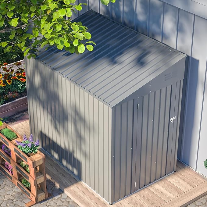 4x8 FT Outdoor Storage Shed,Lean to Lockable Metal Garden Shed Steel with Reinforced Beams,All Weather Waterproof Storage House W/Lockable Door&2 Air Vents,for Backyard,Patio,Lawn,Garden,Gray