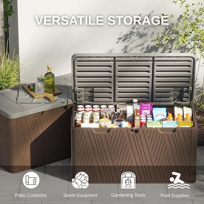 110 Gallon Outdoor Storage Box, Waterproof Patio Deck Box with Lockable Lid, Heavy-Duty HDPE Bench for Garden Tools, Cushions (Brown, 110 Gallon)