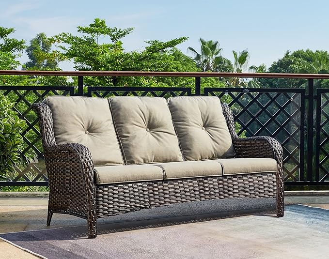 HUMMUH 3-Seat Outdoor Wicker Sofa PE Rattan Patio Couch with Cushions,Deep Seat High Curved Back Armset Patio Sofa