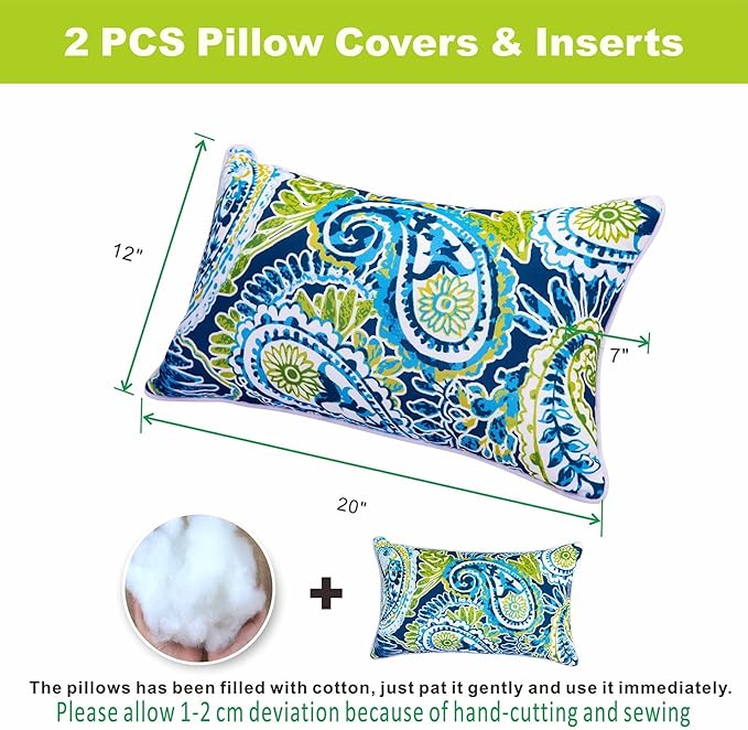 Pack of 2 Patio Lumbar Pillows, 12"x20" Fade Resistant Outdoor Waterproof Lumbar Pillow with Inners, Decorative Garden Lumbar Cushions for Home Patio Terrace Sofa Use