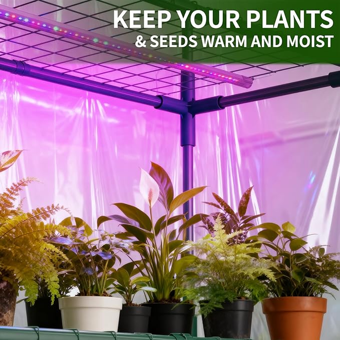 Indoor Greenhouse with Grow Light, 4-Tier 56.3"x28.7"x76.8" Mini Greenhouse with Roll-Up Zippered PVC Cover for Seed Starting Trays, Dimmable Grow Light Shelf for Indoor Plants with Timer
