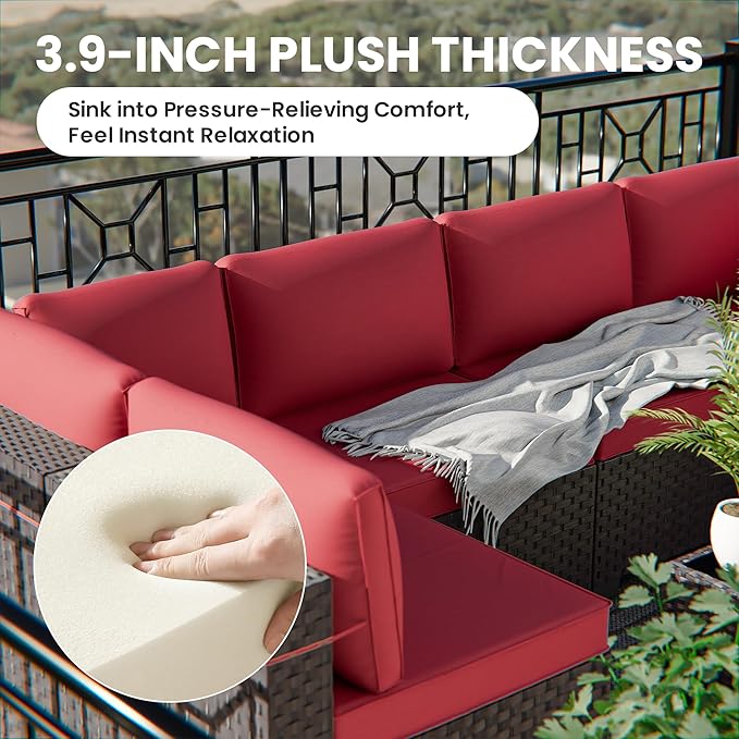 11 Pieces Outdoor Patio Furniture Set Outdoor Furniture Patio Sectional Sofa Conversation Sets w/ETL Approved 45" Gas Outdoor Fire Table & Coffee Table, Swivel Rocking Chair (Red)