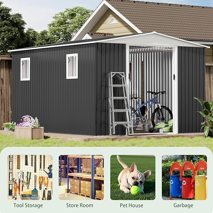 10FT x 8FT Outdoor Storage, Metal Anti-Corrosion Utility Tool House with Lockable Door & Shutter Vents，Outdoor Waterproof Garden Tool Storage Sheds