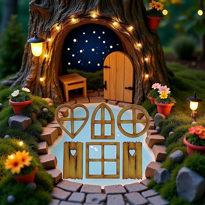 6Pcs Brown Wooden Fairy Garden Door, Blank Door Fairy House Doors and Windows Ornaments Tree Statues for Tree Trunk Yard Decoration, Miniature Gardens Buildings , Garden Sculptures and Statues