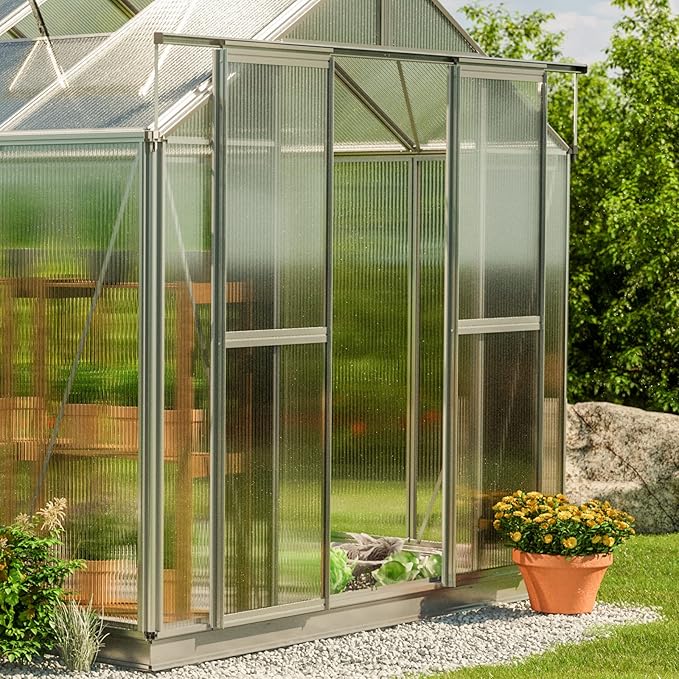 Greenhouse Saphir 3 Aluminum Frame 8.5 x 6.4 ft Approx. 6 mm Polycarbonate Panels - with Bonus Base Frame and Automatic Vent Opener