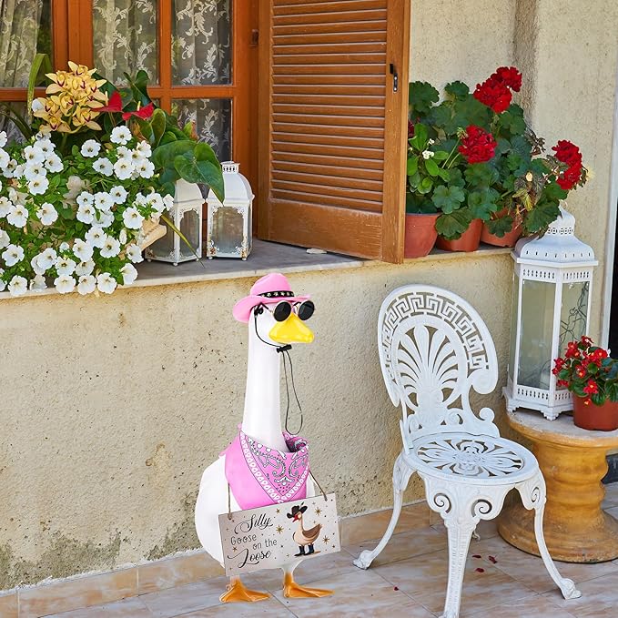 Western Cowboy Porch Goose Outfits, Lawn Cement Plastic Goose, Silly Goose on The Loose Wood Cowboy Hat Bandana Glasses (Pink)