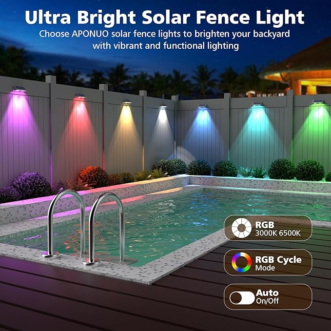 APONUO Solar Fence Lights Outdoor Waterproof, Fence Lights Solar Powered, 9 RGB Color Modes&Warm White&Cool White, Fence Solar Light Outdoor for Backyard, Patio, Wall, Yard,Deck, (White, 6 Pack)