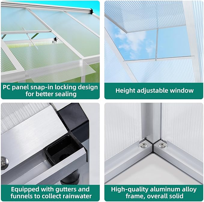 6x8 ft Greenhouse with Roof Vent, Aluminum Walk-in Greenhouses for Outdoors, Heavy Duty Garden House for Backyard, Patio, Easy Assembly