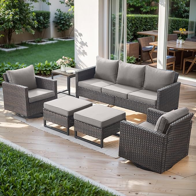 Rilyson Wicker Outdoor Patio Furniture Set - 6 Piece Patio Conversation Set with 2 Swivel Rocker Chairs,2 Rattan Ottoman,1 Couch and 1 Metal Side Table for Outside Porch Deck Backyard(Brown/Grey)