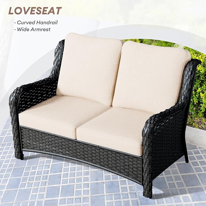 HOOOWOOO Patio Outdoor Furniture with Large Fire Pit Table,High Back 6 Piece Wicker Patio Conversation Set with Swivel Chairs,7 Person Couch Sofa Seating,Beige