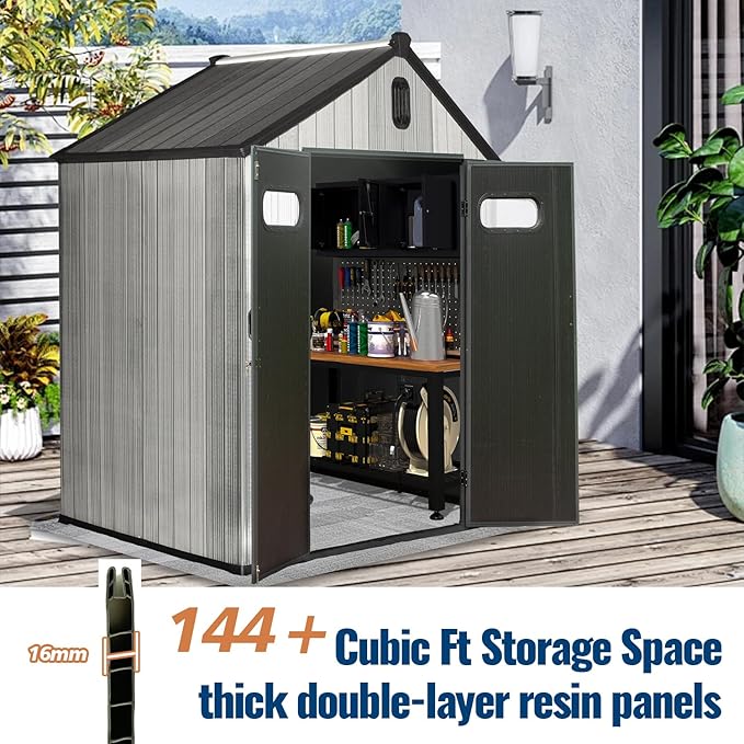 Domi 6×4ft Outdoor Resin Storage Shed - 144+ Cubic Ft Weatherproof Double-Wall Yard Shed with Skylight, Lockable Door and Carpet, Heavy-Duty Steel Frame Storage Building for Lawn Mower, Bike, Tools