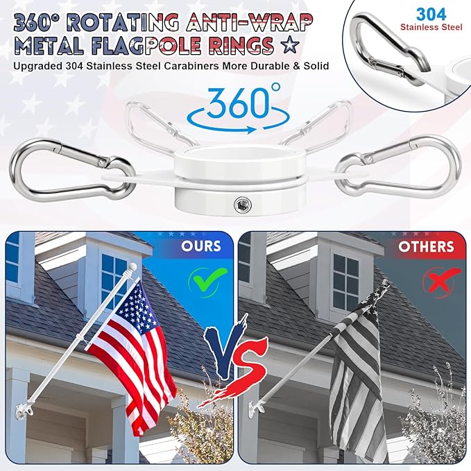 REERON Flag Pole for Outside House Porch Wall Mount, 7 FT 1" No Tangle Stainless Steel Spinning Flagpole Kit with 360° Metal Flag Pole Rings Clips & 2-Position Holder for 3x5' 4x6' American Flags