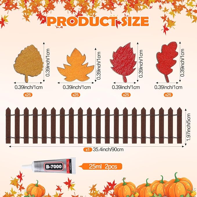 Thyle Thanksgiving DIY Mini Fairy Garden Fence Fall Wood Picket Crafts with 35 Inches Wood Picket Fence 100 Wooden Leaves and Glue for Autumn Centerpieces Thanksgiving Activity(Brown)