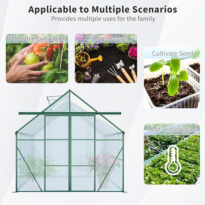 KEIKI 8x6 FT Double Door Polycarbonate Greenhouse with Aluminum Frame,Raised Base and Roof Vent,Walk-in Greenhouses for Patio Garden Backyard