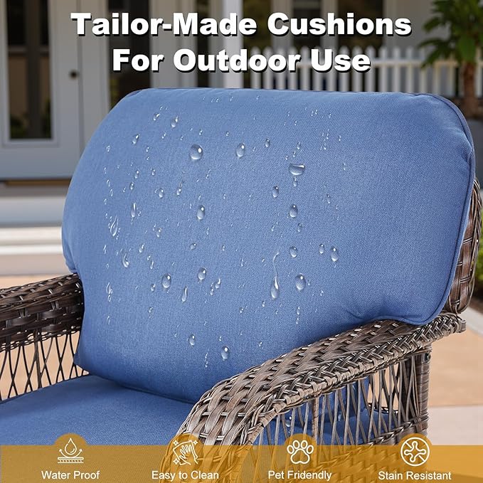 5 Pieces Patio Furniture Set Outdoor Sectional Sofa Couch with Rocking Swivel Chairs 5" Deep Seat Chairs, Modern Wicker Rattan Conversation Set, Blue/Brown Wicker